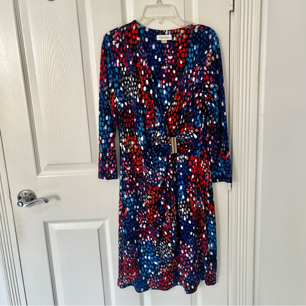 CALVIN KLEIN Women's Multicolor Polka Dot Faux Wrap Jersey Dress | Size 8